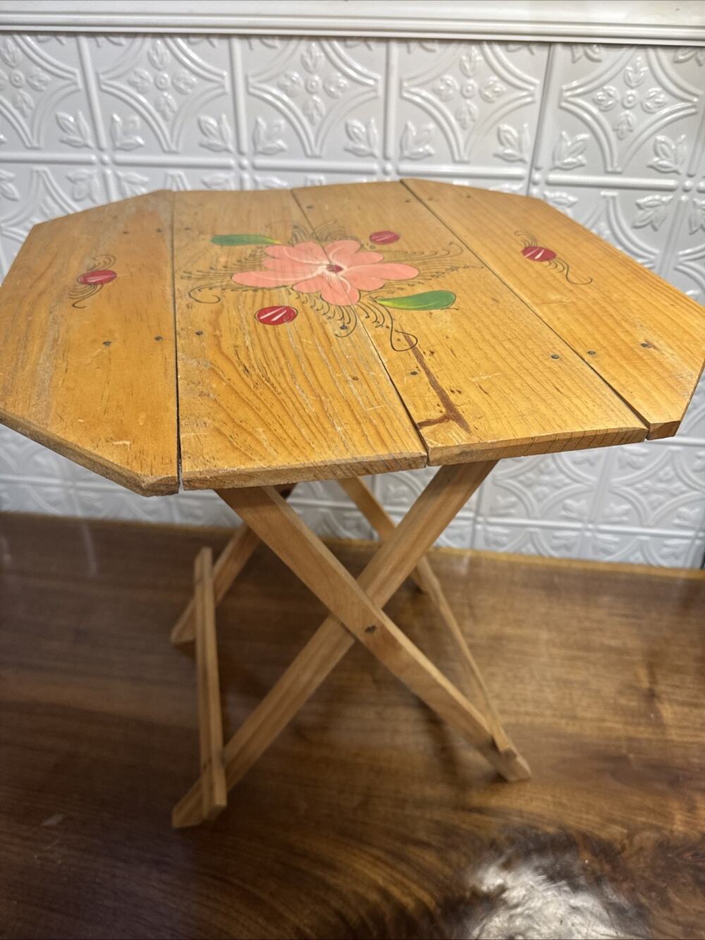 Vtg Wood Plant Stand Fold Up Side Table Hand Painted Small Home Decor